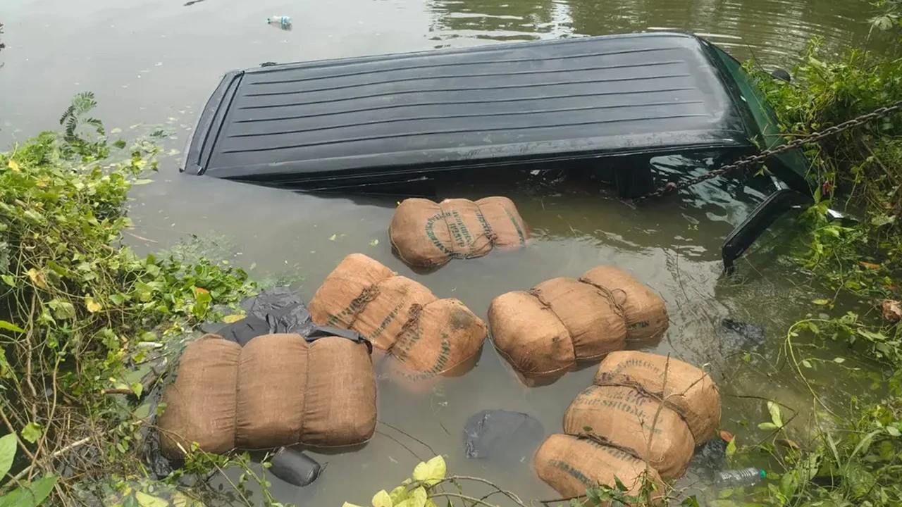পিছনে পুলিশ, গাঁজাভর্তি মাইক্রোবাসসহ পুকুরে চালক