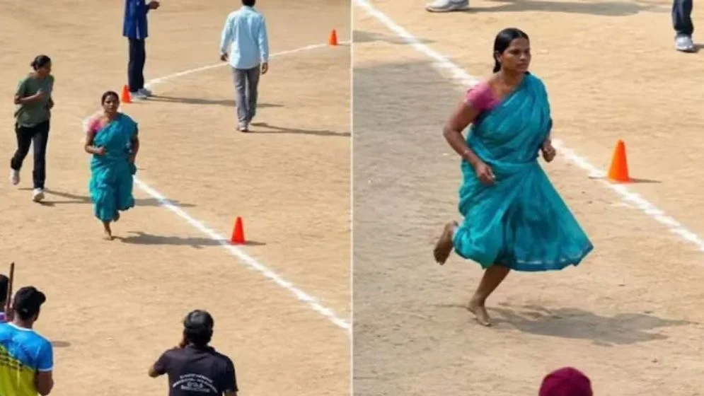 শাড়ি পরে খালি পায়ে মায়ের ১৬০০ মিটার দৌড়! মুগ্ধ নেটিজেনরা
